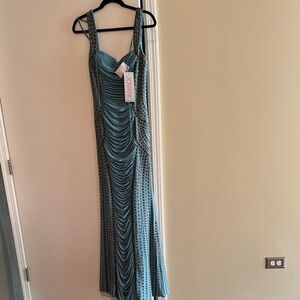 Jovani Teal Studded Evening Gown